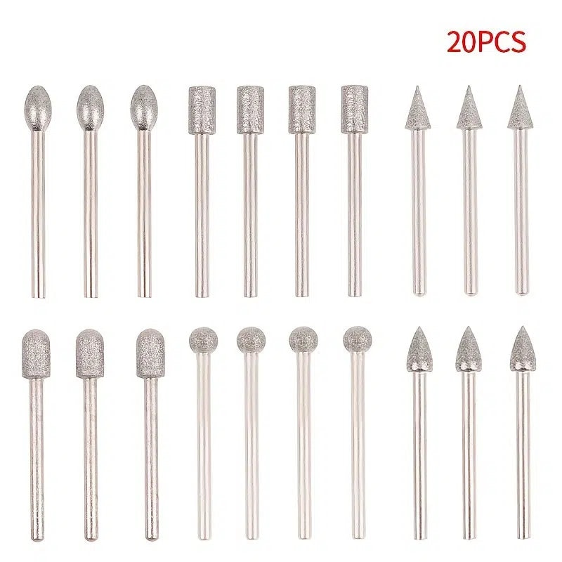 20pcs 6mm Diamond Cutting Grinding Head Mounted Points Bit 3mm Shank Jade Stone Carving Polishing For Dremel Rotary Tool