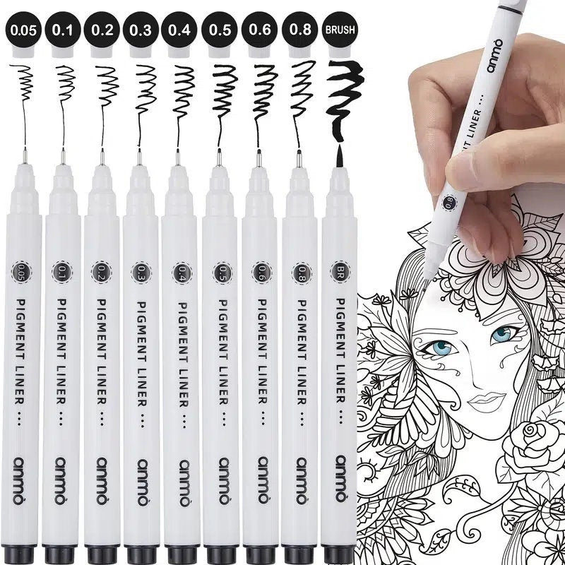 9pcs | Set Black Micro-Pen Fineliner Ink Pens | Precision Multiliner Fine Point Drawing Pens