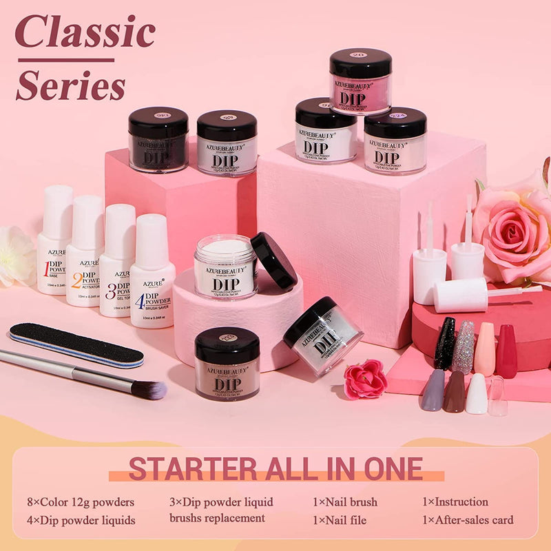 AZUREBEAUTY 17 Pcs Dip Powder Nail Kit Starter | 8 Colors Classic Nude Brown Pink All Season Acrylic Dipping Powder Liquid Set