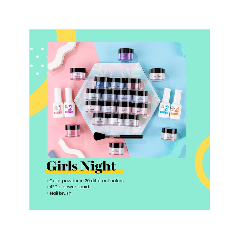 Beetles 20 Pcs Dip Powder Nail Kit | Girls Night Collection Dipping Powder Set Nude Gray Pink Blue Glitter | Color A-Girls Night