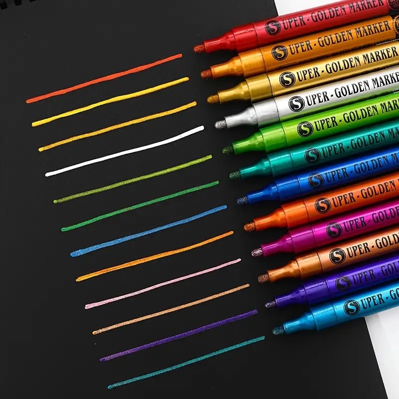 12 Colors Super Metallic Paint Marker For Rock Painting | Ceramic | Glass | Wood  Fabric