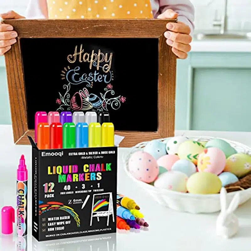 Liquid Chalk Markers | Emooqi 12 Pack Dry Erase Marker Pens For Chalkboards Signs | Car Windows | Blackboards | Glass | Bistro