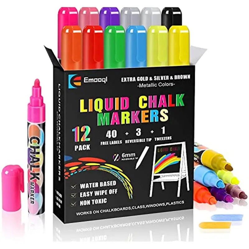 Liquid Chalk Markers | Emooqi 12 Pack Dry Erase Marker Pens For Chalkboards Signs | Car Windows | Blackboards | Glass | Bistro