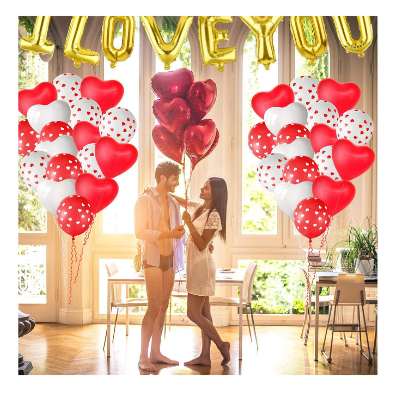 MIAHART I Love You Balloons Valentine Balloon Kit 12 Red Heart Foil Helium Balloons 60 Latex Balloons