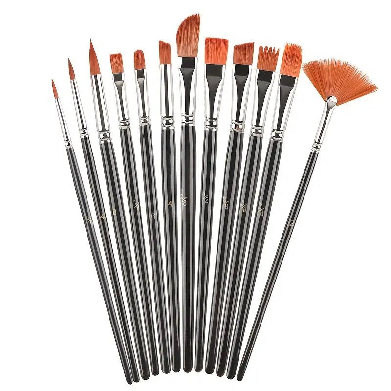 12pcs Wood Black Artist Paint Brush Set Nylon Hair Watercolor Acrylic Oil Painting Supplies