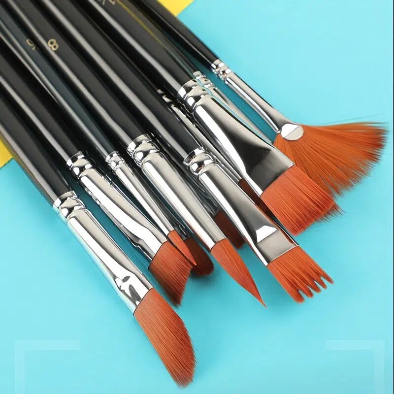 12pcs Wood Black Artist Paint Brush Set Nylon Hair Watercolor Acrylic Oil Painting Supplies