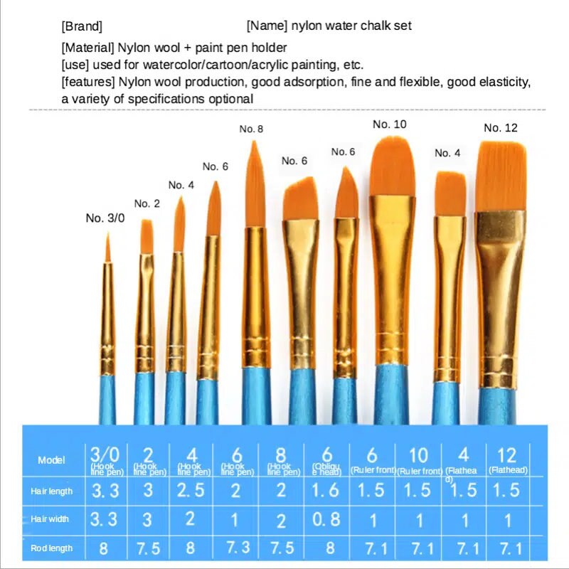 10pcs Artists Paint Brush Set Acrylic Watercolor Round Pointed Nylon Tip Hair Multifunction Hook Line Short Pointed Pen