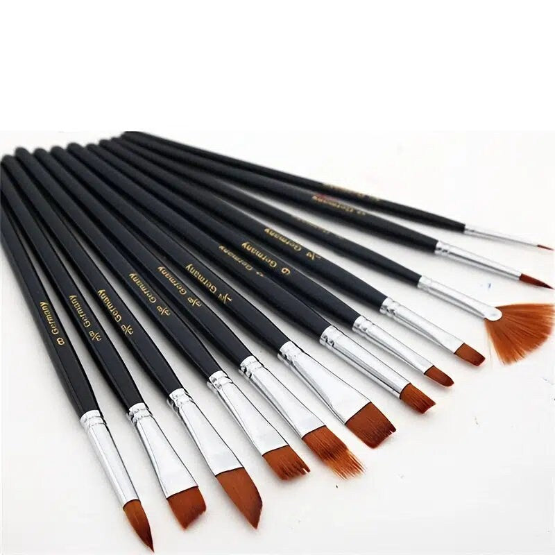 12pcs Nylon Hair Paint Brush Watercolor Gouache Acrylic Oil Painting Supplies