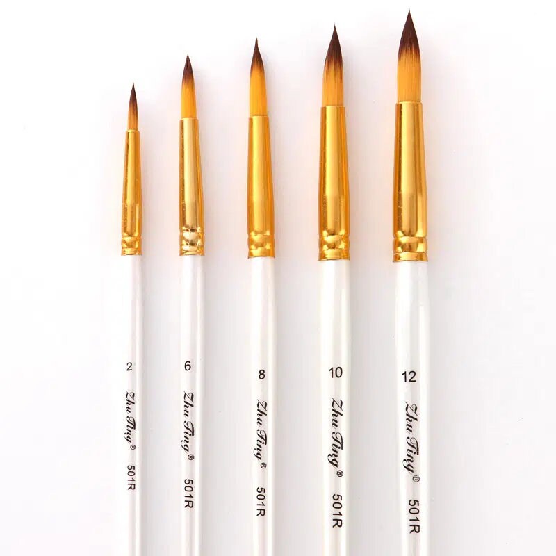 5pcs/pack Nylon Watercolor Gouache Acrylic Painting Brush Golden Tube White Rod Pointed Flat Head Paint Brush Pen Art Supplies
