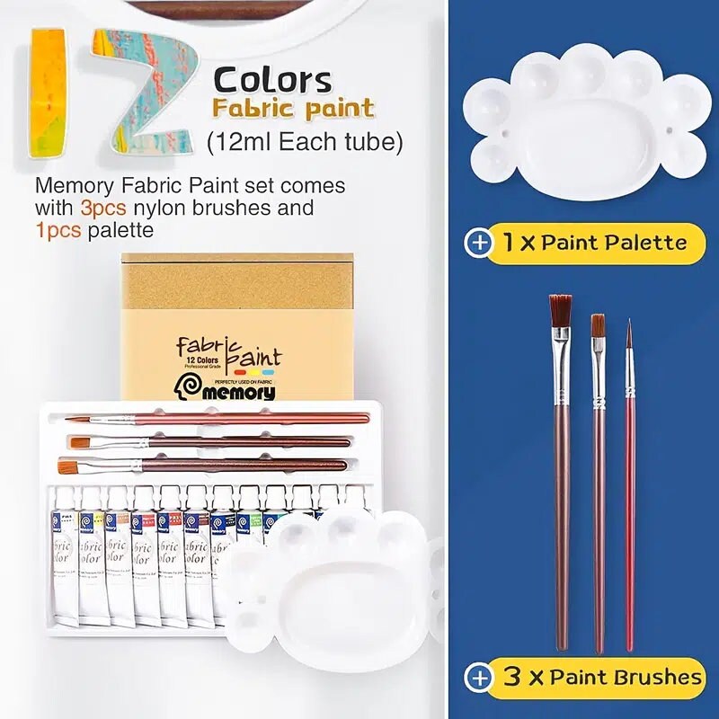 1set Textile Painting Paint Set With 3 Brushes 1 Palette And 12 Pigments Non-fading Permanent Fabric Paint