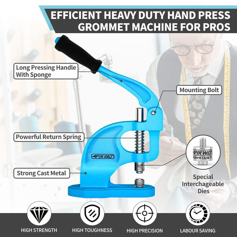 PIKWO Hand Press Heavy Duty Eyelet Grommet Machine Rivet Press Punch Tool Kit with 3 Dies and 900 Pcs Grommets Self Piercing Grommet Maker