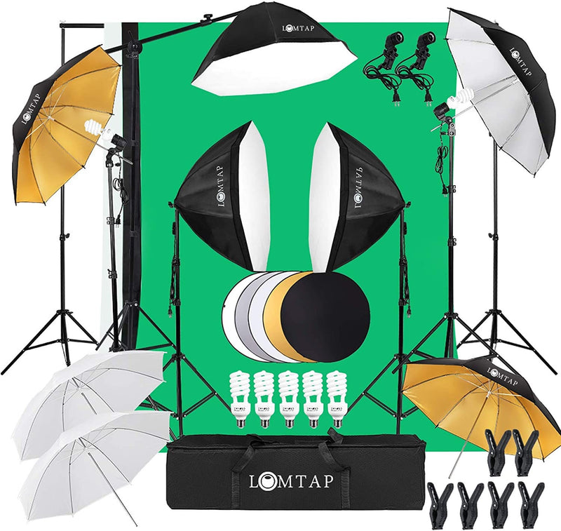 Backdrop Stand Green Screen Photography Lighting Kit 3 Softboxes 5 Photo Umbrellas 5 in1 Reflector