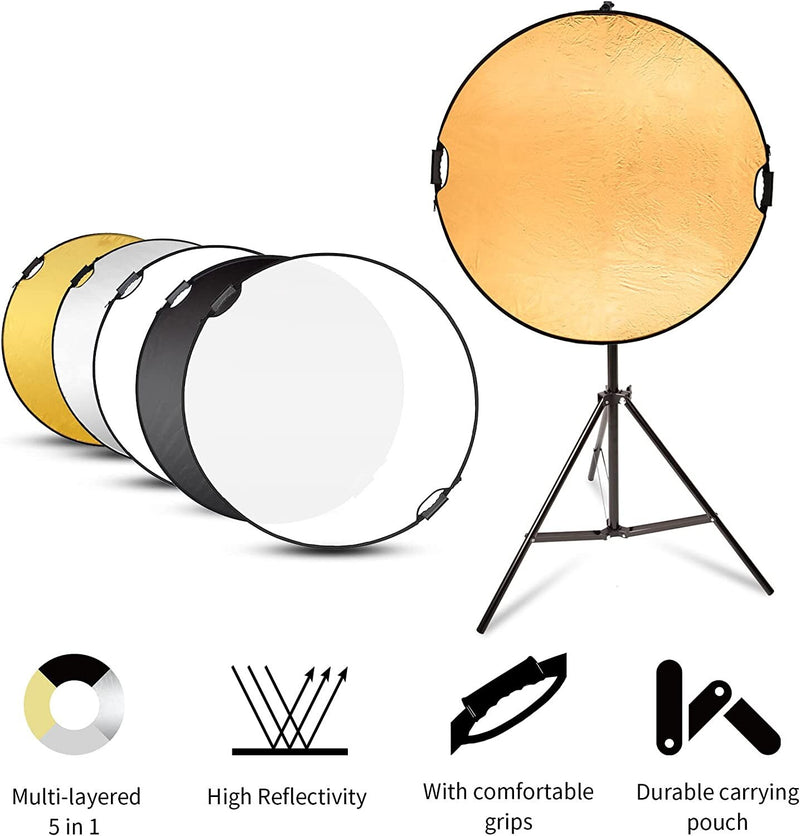 43" Photography Reflector with 6.5ft Light Stand | Handle Light Reflector for Photography | 5-in-1 Reflector
