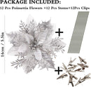 Greentime 12 Pcs 14cm / 5.5in Poinsettia Artificial Flowers with Clips and Stems Glitter Christmas Tree Poinsettia Decorations
