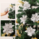 Greentime 12 Pcs 14cm / 5.5in Poinsettia Artificial Flowers with Clips and Stems Glitter Christmas Tree Poinsettia Decorations
