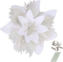 Greentime 12 Pcs 14cm / 5.5in Poinsettia Artificial Flowers with Clips and Stems Glitter Christmas Tree Poinsettia Decorations