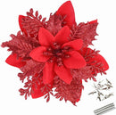 Greentime 12 Pcs 14cm / 5.5in Poinsettia Artificial Flowers with Clips and Stems Glitter Christmas Tree Poinsettia Decorations