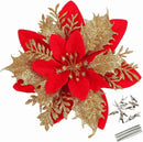 Greentime 12 Pcs 14cm / 5.5in Poinsettia Artificial Flowers with Clips and Stems Glitter Christmas Tree Poinsettia Decorations