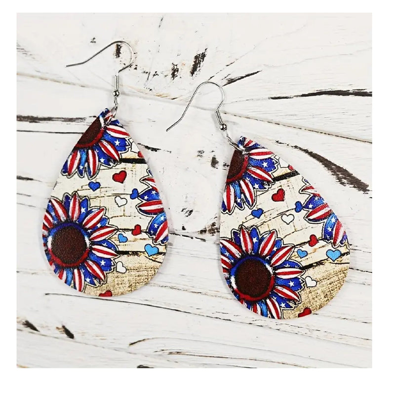 Independence Day Flag Sunflower Teardrop Faux Leather Earrings