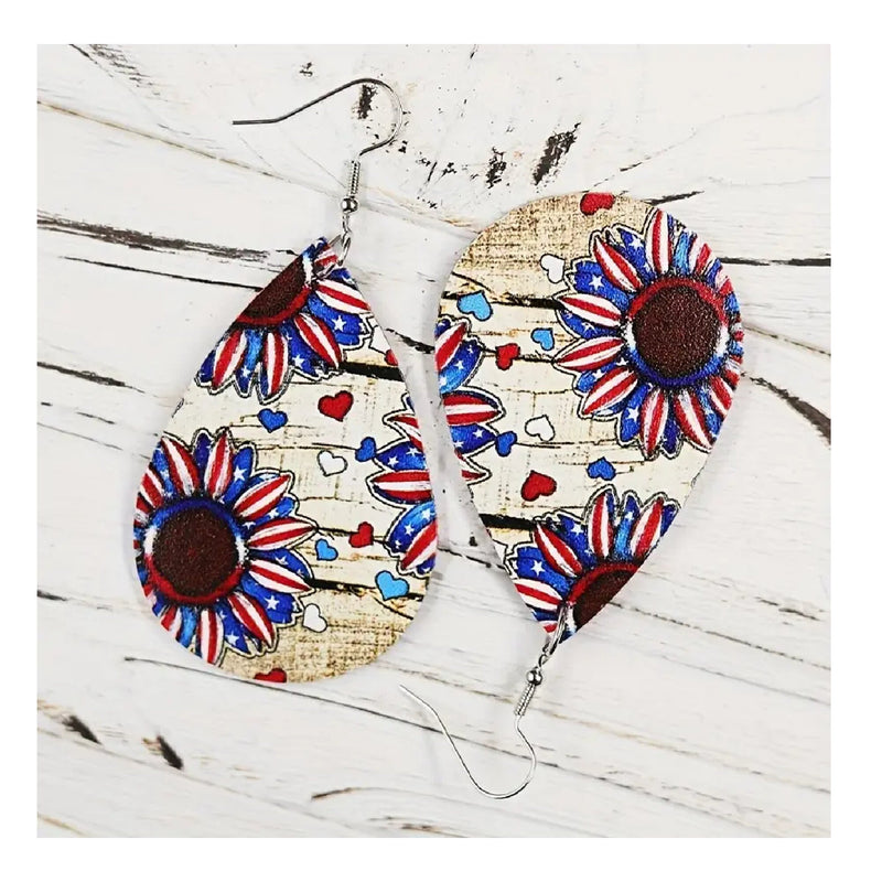 Independence Day Flag Sunflower Teardrop Faux Leather Earrings