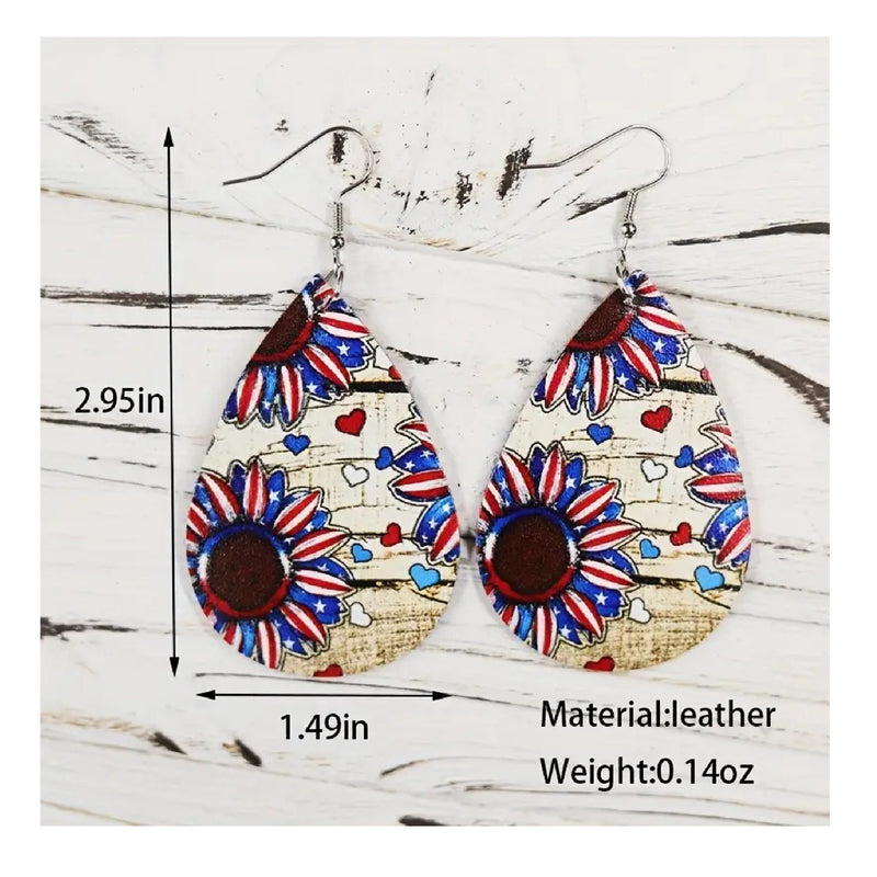 Independence Day Flag Sunflower Teardrop Faux Leather Earrings