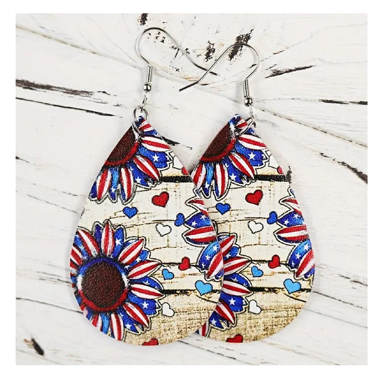 Independence Day Flag Sunflower Teardrop Faux Leather Earrings