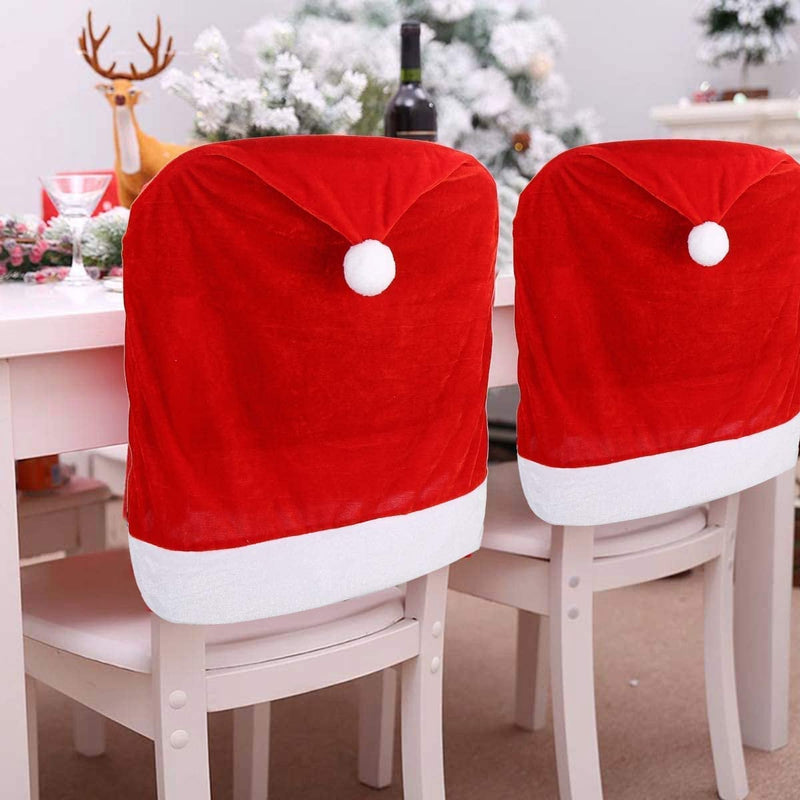 4pc Red Hat Dining Chair Slipcovers | Christmas Chair Back Covers Kitchen Chair Covers for Christmas Holiday Festival Decoration