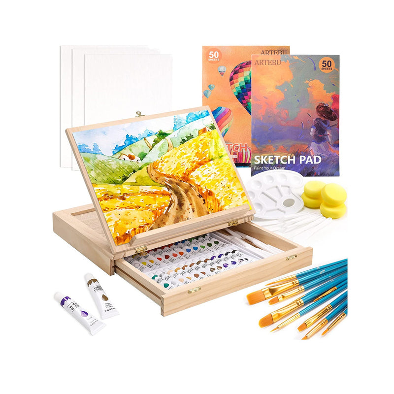 Painting Supplies Set | 49-Piece Watercolor Painting Kit with Adjustable Wooden Easel Box-24 Tubes