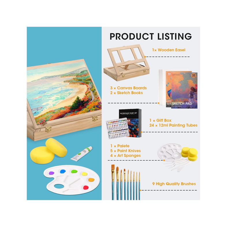 Painting Supplies Set | 49-Piece Watercolor Painting Kit with Adjustable Wooden Easel Box-24 Tubes