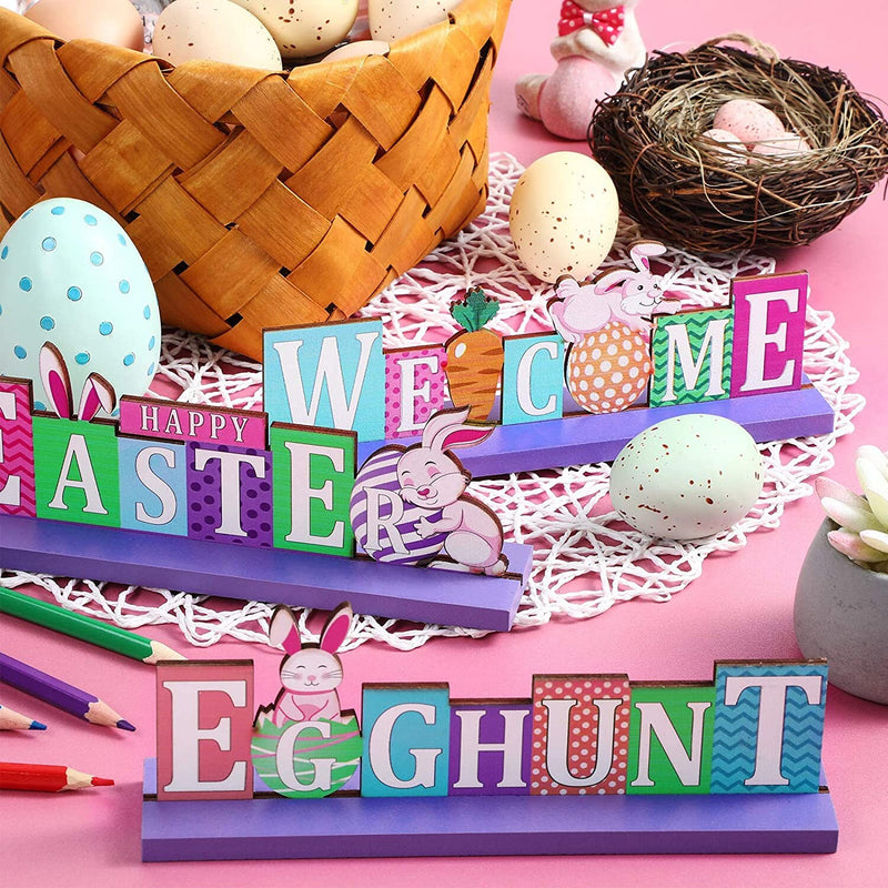 Sumind 3 Pieces Easter Wooden Table Centerpieces Decorations Egg Hunt Decorations Happy Easter