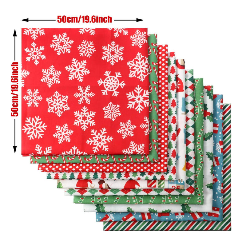 10 Pieces Of Christmas Cotton Fabric | Pre-Cut Squares | Quilting Fabric | Christmas Snowflake Print | 50 x 50 cm/ 19.68 x 19.68 Inches