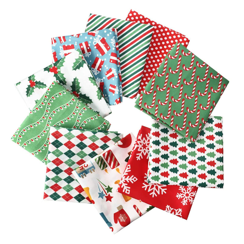 10 Pieces Of Christmas Cotton Fabric | Pre-Cut Squares | Quilting Fabric | Christmas Snowflake Print | 50 x 50 cm/ 19.68 x 19.68 Inches