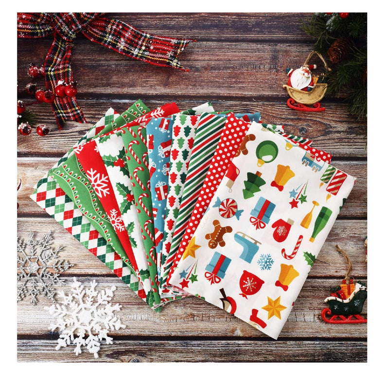 10 Pieces Of Christmas Cotton Fabric | Pre-Cut Squares | Quilting Fabric | Christmas Snowflake Print | 50 x 50 cm/ 19.68 x 19.68 Inches