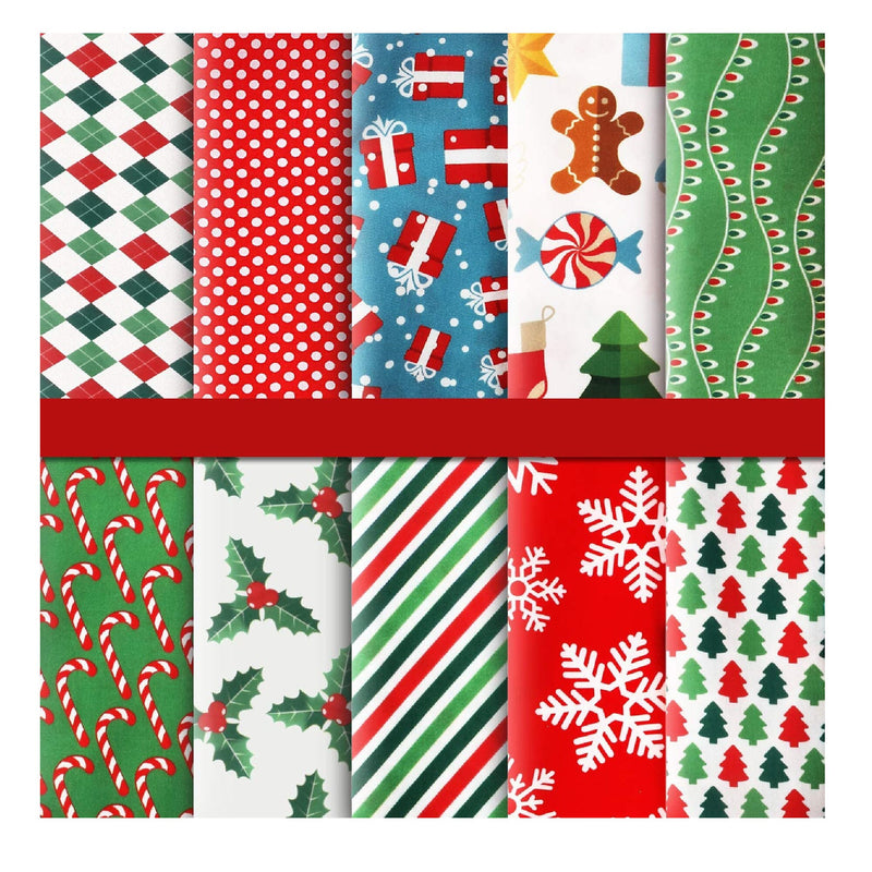 10 Pieces Christmas Fabric Squares Precut Quilting Fabric Patchwork, 50 x  50 cm/ 19.68 x 19.68 Inches Snowflake Bells Holly Red Green Fabric for Xmas