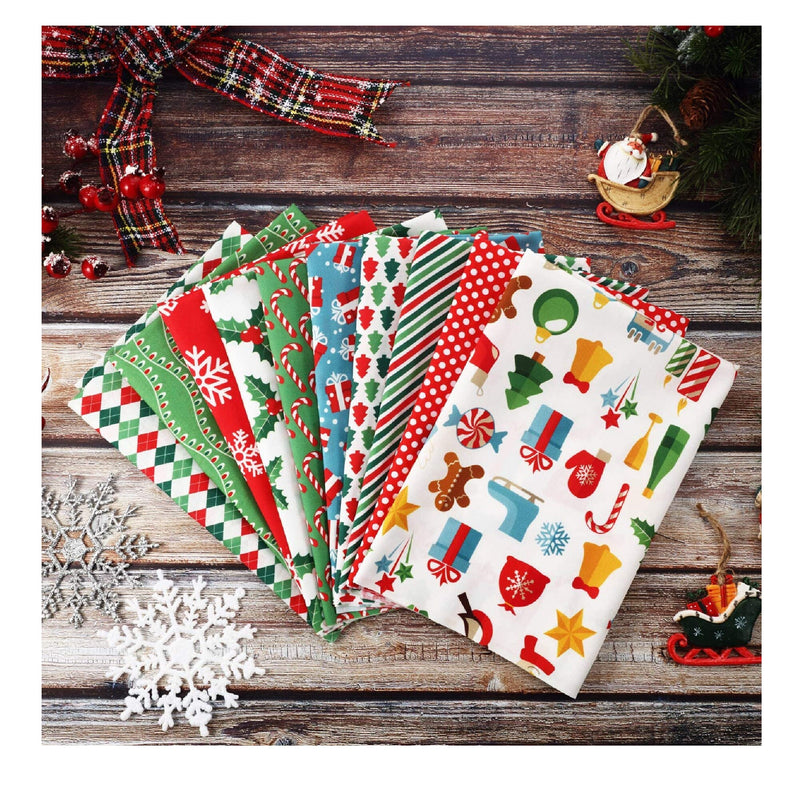 10 Pieces of Christmas Cotton Fabric | Pre-Cut Squares | Quilting Fabric | Christmas Snowflake Print | 50 x 50 cm/ 19.68 x 19.68 Inches