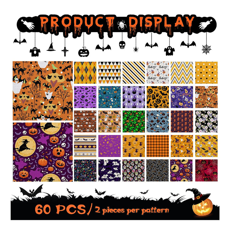 60 Pieces 10 x 10 Inch Polyester Fabric For Halloween | Fat Quarters | Bat | Pumpkin | Ghost | Skull | 30 Styles | Ghost