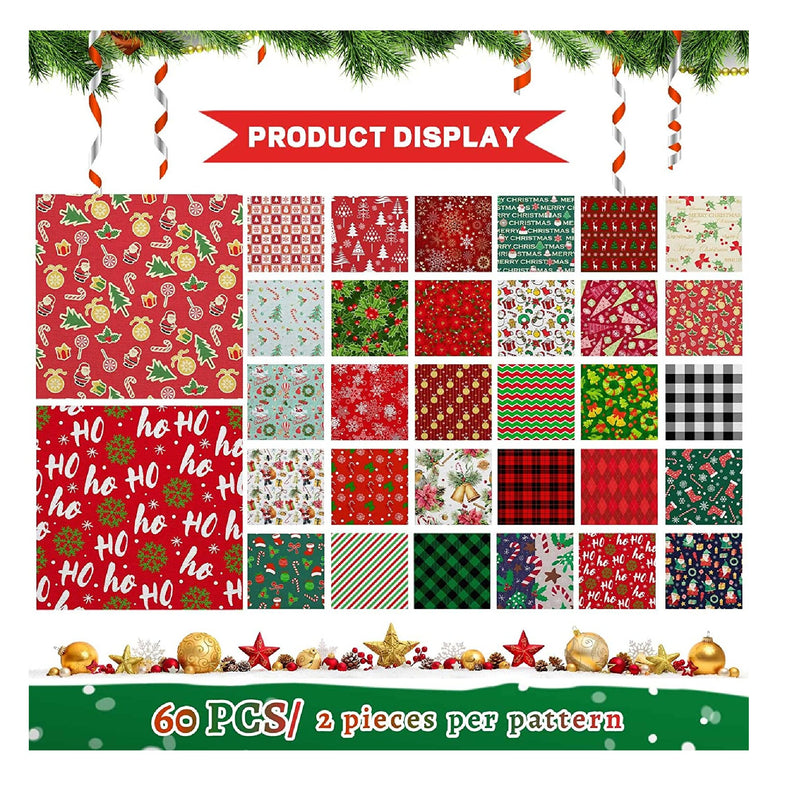 60 Pieces 10 x 10 Inch Christmas Fabric Holiday Quilting Fabric Snowman Christmas Tree Print Fabric Fat Quarters Fabric