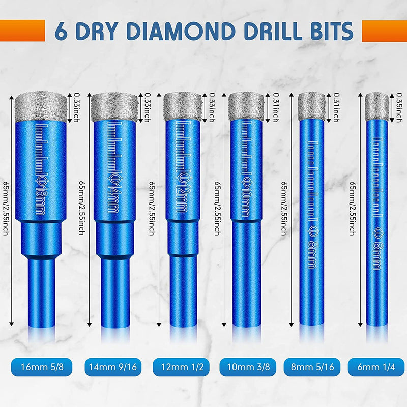 Dry Diamond Drill Bits Set 6 PCs Small Diamond Hole Saw Kit for Granite Marble Porcelain