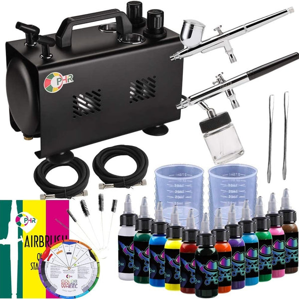 Ophir Double Outlet Air Brush Painting Set with 1L Airbrush Compressor Tank & 2x Airbrushes Kit with 12 Colors of Airbrush Acrylic Paint Set, 5X