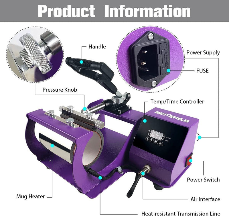 BetterSub Mug Heat Press | Heat Press Machine Cup Heat Transfer Sublimation 11oz | Purple