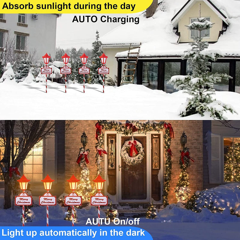 Christmas Pathway Lights Outdoor - 4 Pack Flickering Flame Solar Candy Stake Lights Waterproof Solar Landscape Lights for Christmas Garden