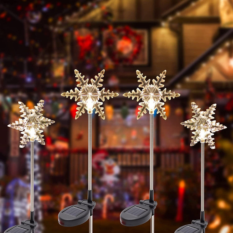 Glintoper 4 Pack Solar Christmas Snowflakes Figurine Lights Outdoor Solar Powered Snowflake Decorative Lights with Garden Stakes