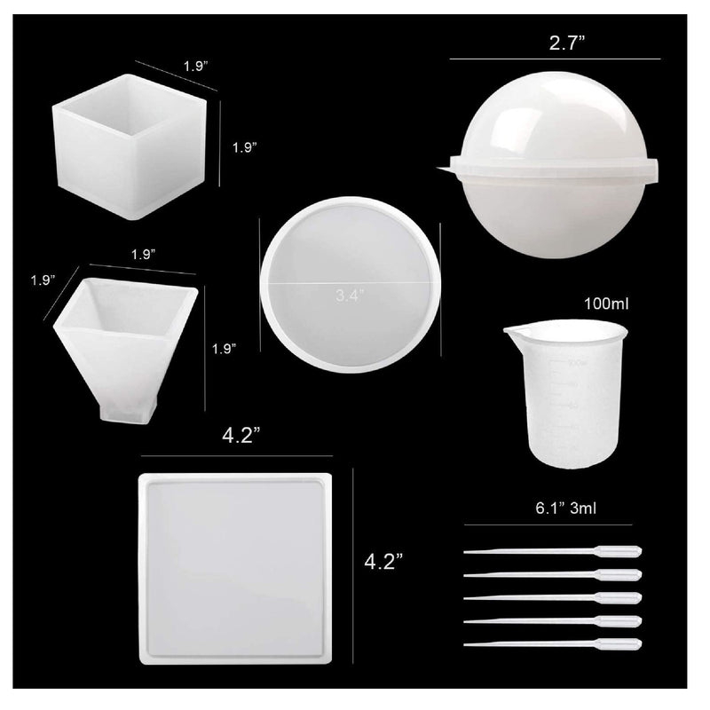 Silicone Resin Molds 5 Resin Casting Molds Including Sphere | Round Pyramid With 1 Measuring Cup And 5 Plastic Transfer Pipettes