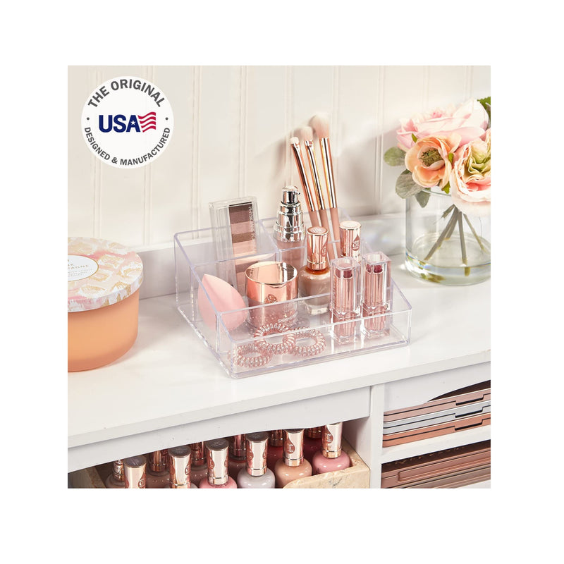 STORi Clear Plastic Vanity Makeup Organizer | Compact Rectangular 4-Compartment Holder for Brushes