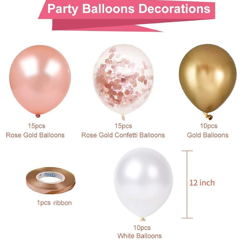 Latex Balloons with Rose Gold Confetti | 60 Pack White Gold Balloons, 12 Inch Birthday Balloons with Gold Ribbon for Parties