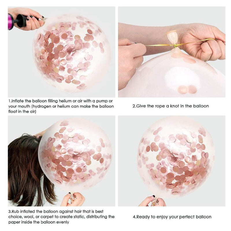 Latex Balloons with Rose Gold Confetti | 60 Pack White Gold Balloons, 12 Inch Birthday Balloons with Gold Ribbon for Parties