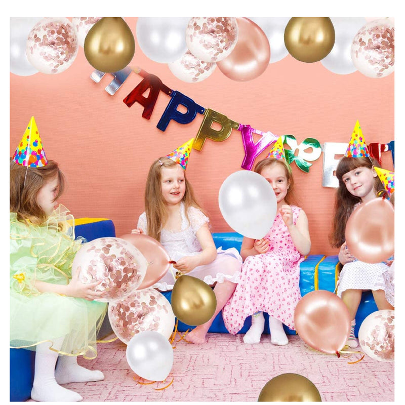 Latex Balloons with Rose Gold Confetti | 60 Pack White Gold Balloons, 12 Inch Birthday Balloons with Gold Ribbon for Parties