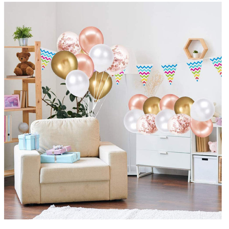 Latex Balloons with Rose Gold Confetti | 60 Pack White Gold Balloons, 12 Inch Birthday Balloons with Gold Ribbon for Parties