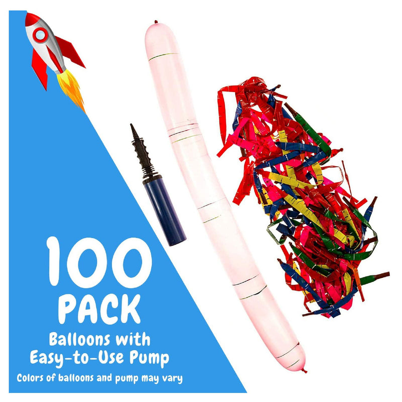 Pack of 100 Rocket Balloons Plus 1 Easy-to-Use Pump | Party Pack, No Refill Needed | (Pump color may vary)