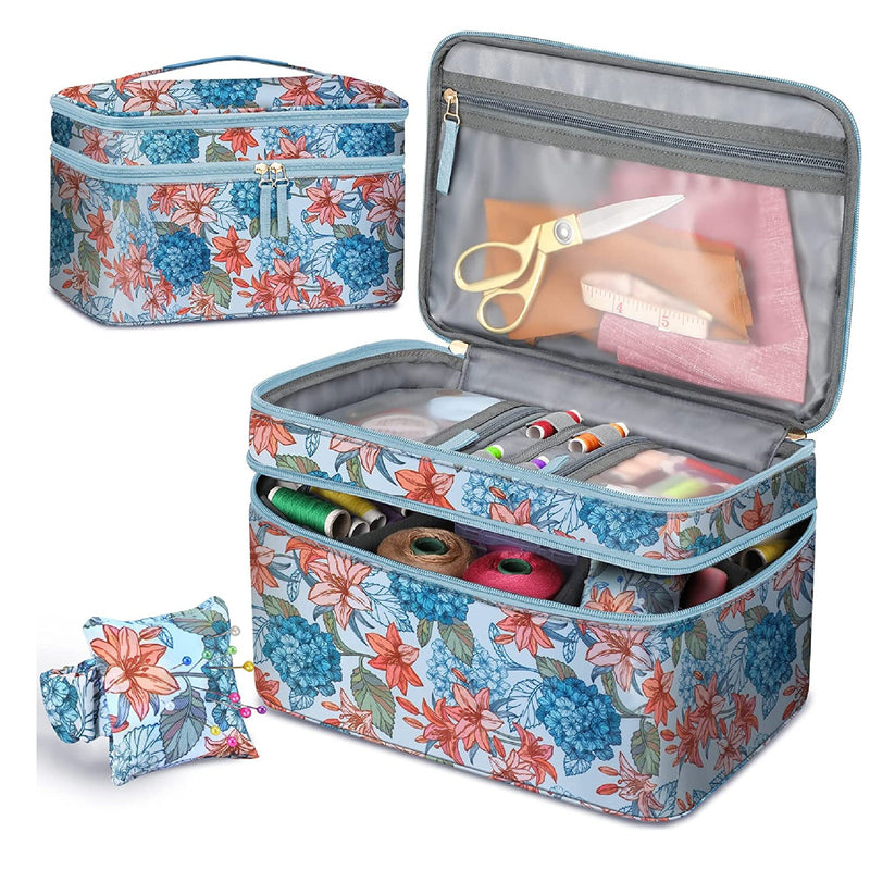 FINPAC Sewing Accessories Storage Case And Organizer | Double Layer Sewing Kits Carrying Bag With Wrist Support Cushion For Threads